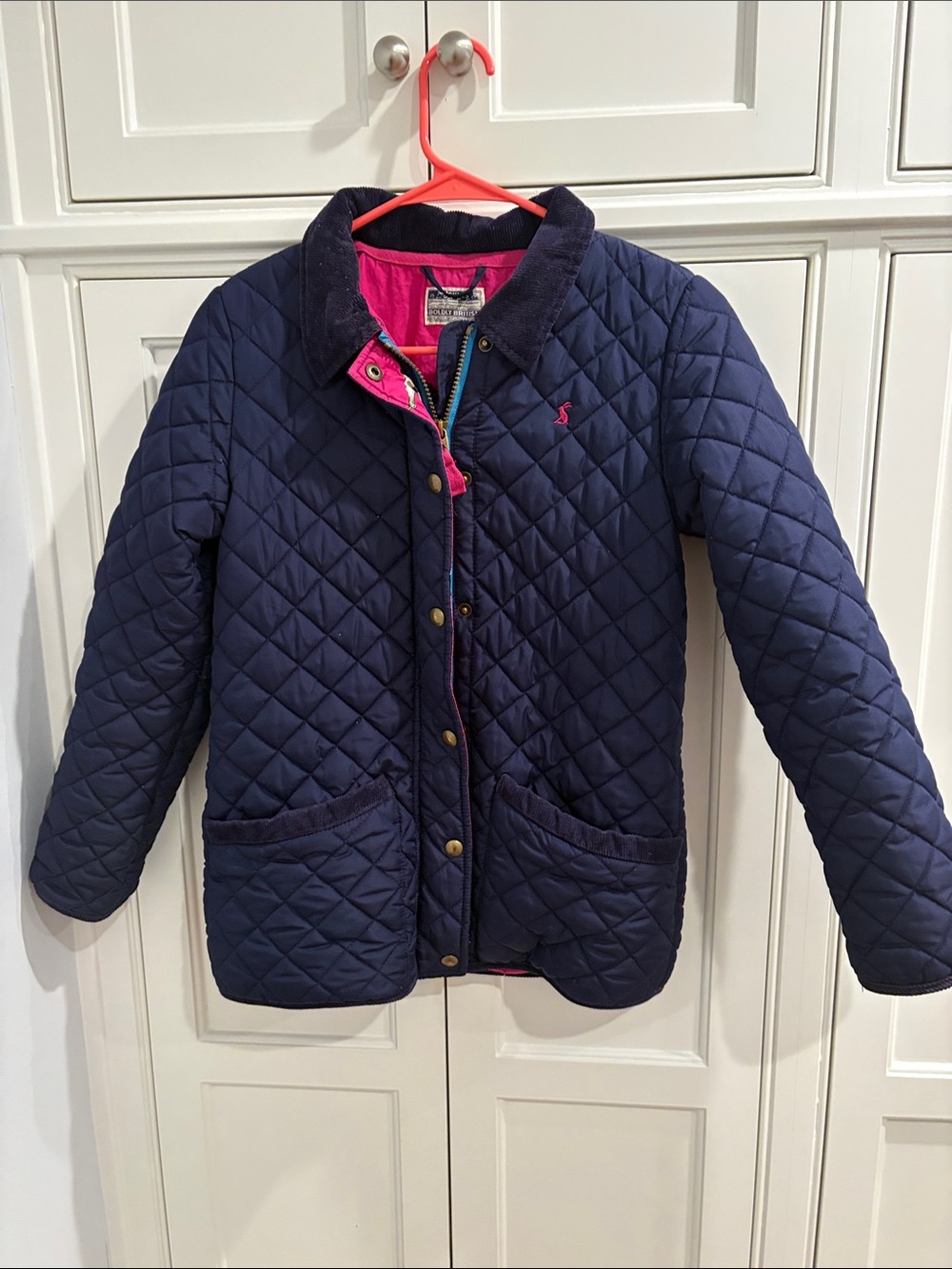 Joules Girls' Quilted Navy Jacket with Pink Lining